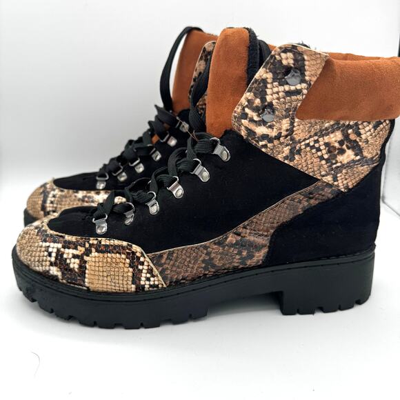 TAXI Snake Print Chunky Combat Boots 90s Grunge Street Style Black Tan wmns 10 - Picture 3 of 7
